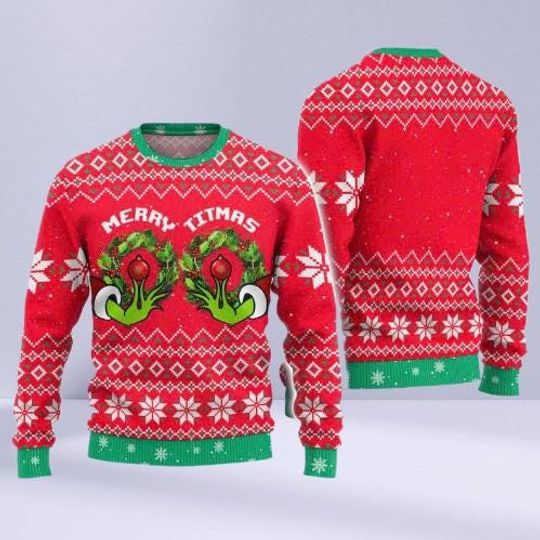 Funny Merry Titmas Ugly Christmas Sweater, Hilarious Chest Holiday Sweatshirt, Festive Xmas Tree Jumper, Winter Party Gift for Men & Women