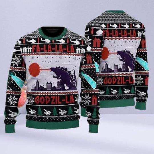 Fa La La La Ugly Christmas Sweater, Funny Kaiju Holiday Sweatshirt, Geeky Xmas Jumper for Men & Women, Festive Winter Party Gift
