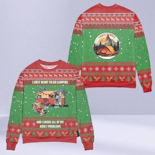 Funny Camping Ugly Christmas Sweater, Sasquatch & Mothman Holiday Sweatshirt, Believe in Bigfoot Xmas Pullover for Campers