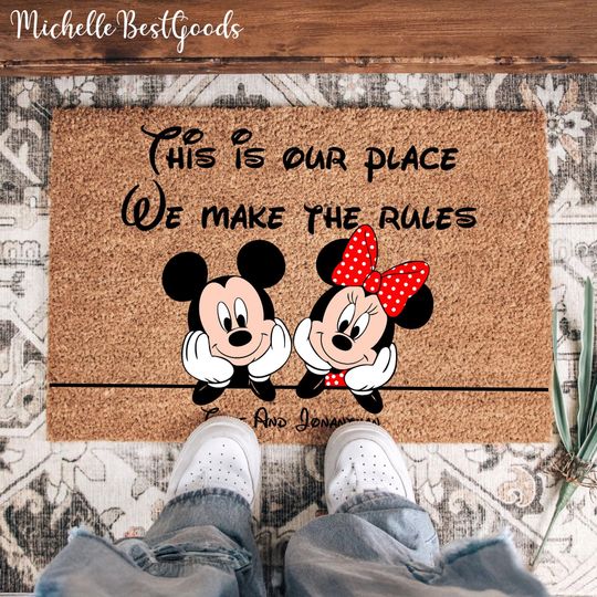 Personalized Doormat, This Is Our Place We Make The Rules Doormat, Natural Eco Friendly Coir Mat, Housewarming Gift, Mouse And Friends Mat