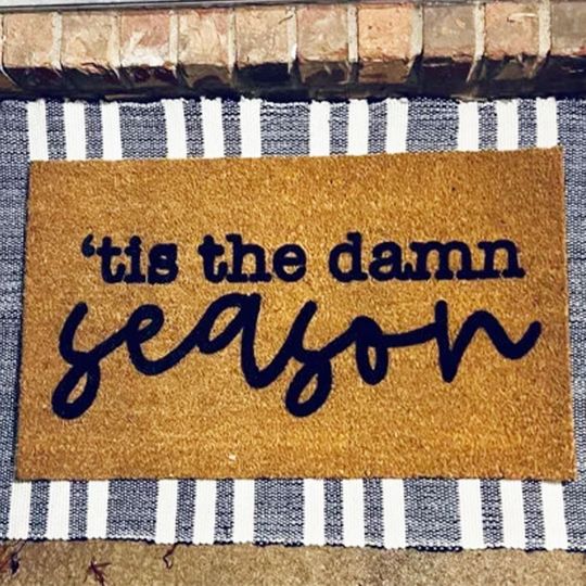 Tis The Damn Season Doormat, Funny Christmas Holiday Decor Door Mat, Flocked Coir Welcome Mat, Outdoor Entryway Front Door Rug, Gift Decor