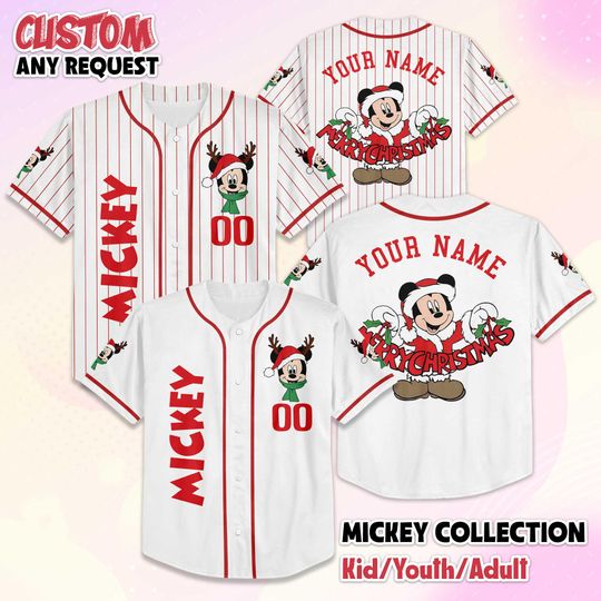 Discover Custom Mickey Mouse Christmas Baseball Jersey, Personalized Disney Mickey Mouse Jersey for Disney Fans, Baseball Team Outfit