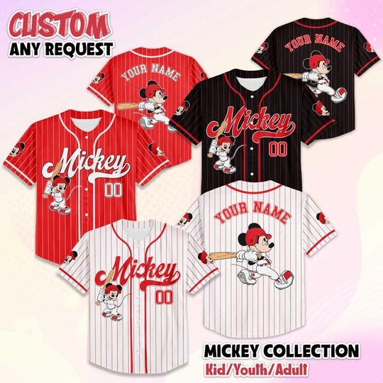 Discover Personalized Mickey Mouse Baseball Jersey, Custom Disney Mickey and Friends Jersey Shirt, Family Matching Outfit, Birthday Gift