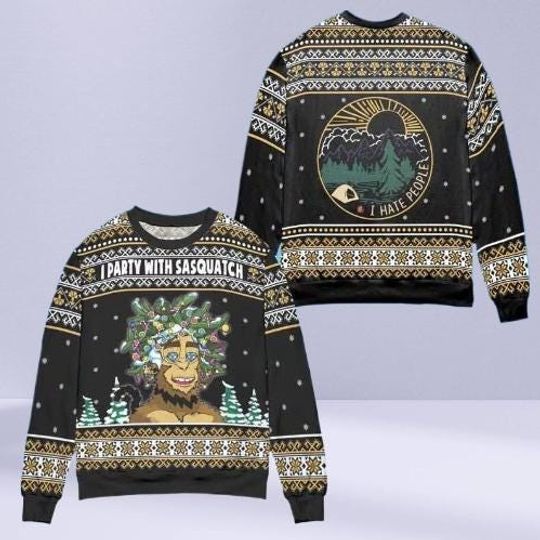 Funny Sasquatch Bigfoot Ugly Christmas Sweater, Mothman Holiday Pullover, Camping Theme Xmas Sweatshirt For Men & Women