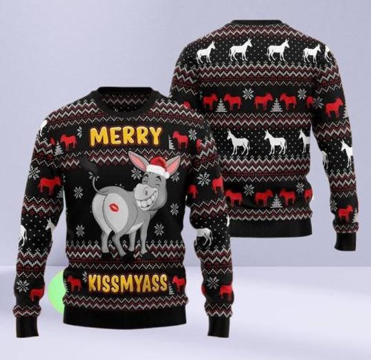 Donkeys Merry Kissmyass Ugly Christmas Sweater, Funny Animal Holiday Jumper, Hilarious Xmas Pullover, Gift for Adults