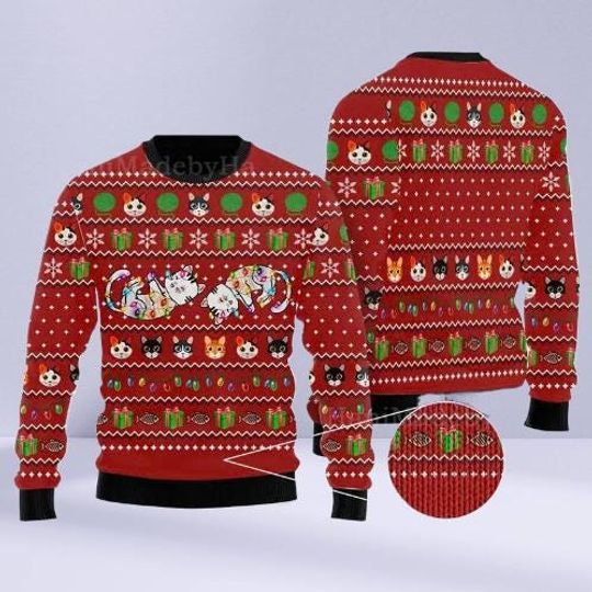 Discover Cat Light Ugly Christmas Sweater, Funny Holiday Pullover for Cat Lovers, Hilarious Xmas Party Sweater Gift Idea