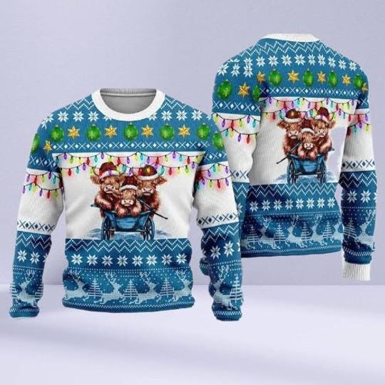 Highland Cows Christmas Ugly Sweater, Cute Scottish Cow Holiday Pullover,  Funny Farm Animal Xmas Sweater for Men & Women, Cozy Winter Gift Idea