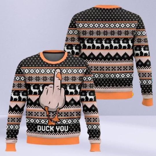 Discover Funny Duck Ugly Christmas Sweater, Sarcastic Goose Middle Finger Holiday Sweatshirt, Humorous Xmas Gift for Men & Women