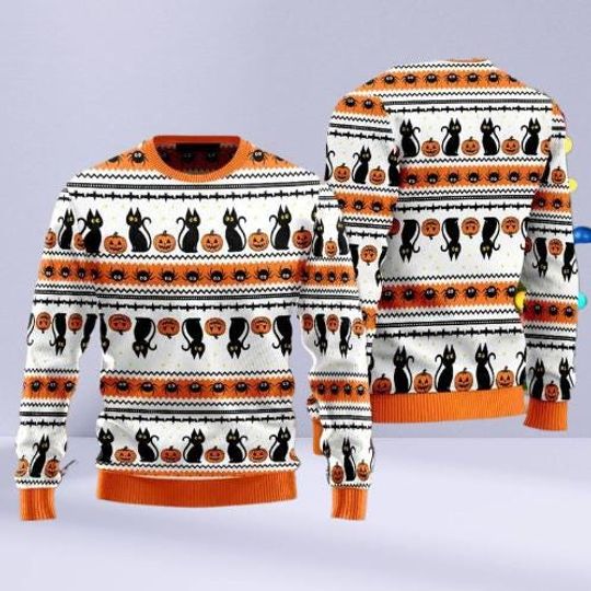 Discover Funny Cat and Pumpkin Ugly Sweater, Halloween Ugly Fall Sweatshirt, Spooky Season Gift for Cat Lovers and Friends