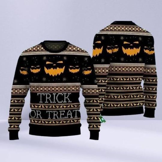 Discover Funny Trick or Treat Sweater Halloween Ugly Christmas Pullover, Matching Family Xmas Outfit, Spooky Holiday Gift Idea.