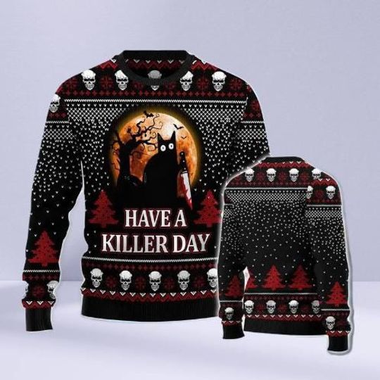 Discover Have a Killer Day Halloween Ugly Sweater  Skull Pattern and Spooky Full Moon Knit Pullover, Funny Halloween Party Outfit for Fall Cheer.