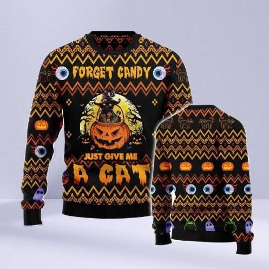 Discover Funny Halloween Cat Ugly Sweater  Forget Candy Just Give Me a Cat Pumpkin Witch Spooky Knit Pullover, Cute Party Outfit