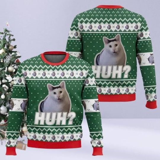 Funny Cat Meme Christmas Sweater  Huh Face Ugly Holiday Sweatshirt, Unique Xmas Gift for Animal Lovers