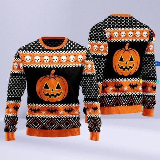 Discover Funny Pumpkin Ugly Sweater  Halloween Spooky Season Sweatshirt, Autumn Holiday Jumper, Festive Fall Outfit.