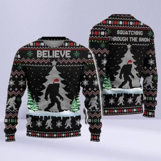 Bigfoot Ugly Christmas Sweater, Funny Sasquatch Holiday Sweatshirt, Camping Xmas Sweater, Perfect Gift for Hikers and Animal Lovers.