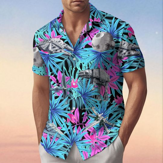 Discover Star Wars Button Shirt, Tropical Star Wars Shirt, Galaxy Aloha Shirt, Death Star Hawaiian Shirt, Star Wars Vacation Shirt, Gift For Fan