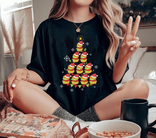 Discover Funny Burger Christmas Tree Shirt, Foodie Christmas Tree Shirt, Retro Fast Food Christmas Shirt, Funny Cheeseburger Christmas Sweatshirt