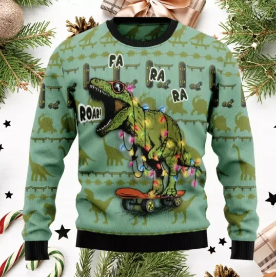 Discover T Rex Skateboard Roar Christmas Lights 3D All Over Print Ugly Sweater