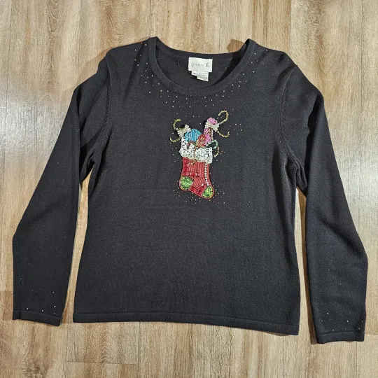 Discover Just B Womens Sz Medium Ugly Christmas Sweater Long Sleeve Black