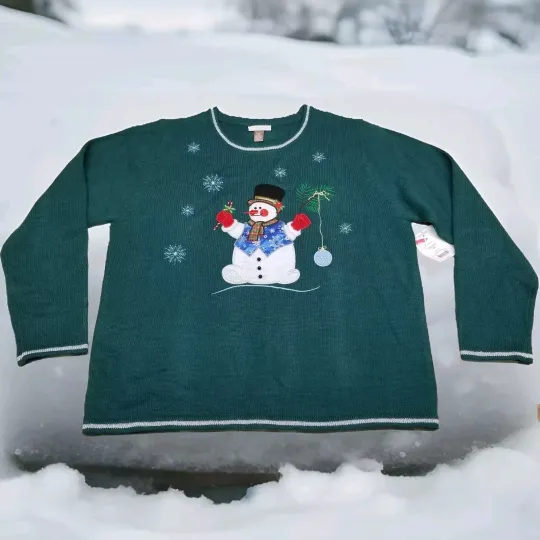 Discover ✅VTG White Stag Ugly Christmas Sweater Green W/Embroidered Snowman XXL/2XG (20)