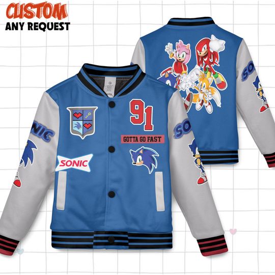 Custom Sonic Baseball Jacket, Sonic the Hedgehog Baseball Jacket, Kids Youth Adult Varsity Jacket