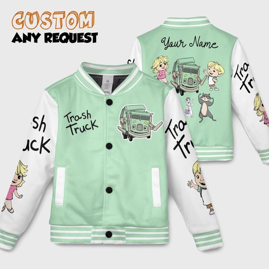 Personalized Trash Truck Kids Name Baseball Jacket, Custom Kids Varsity Jacket, Trash Truck Jacket, Birthday Boy Gift