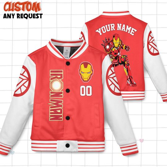 Custom Iron Man Baseball Jacket, Marvel Superhero Baseball Jacket, Iron Man Kids Youth Adult Varsity Jacket