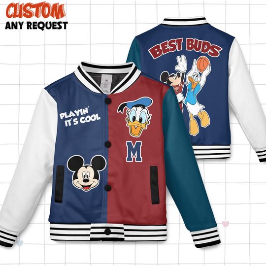 Discover Disney Mickey And Donald Baseball Jacket, Disney Best Friends Varsity, Disneyland Baseball Team Matching Outfit, Birthday Gift