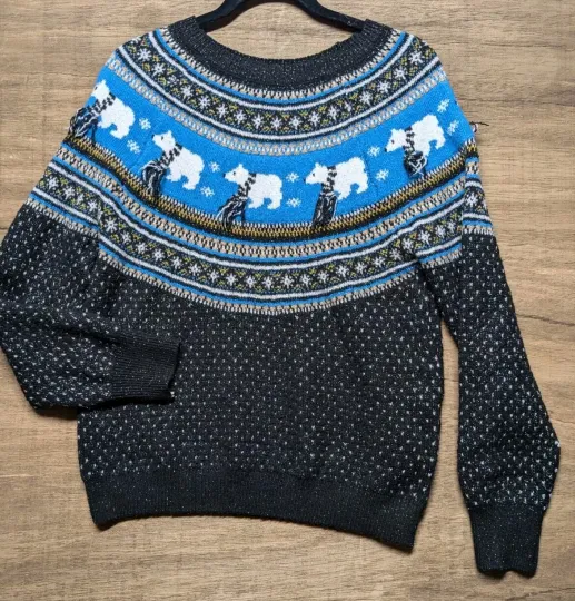 Discover Holiday Time Wmns Sz M 8/10 Winter Ugly Christmas Sweater Polar Bears Blue Black