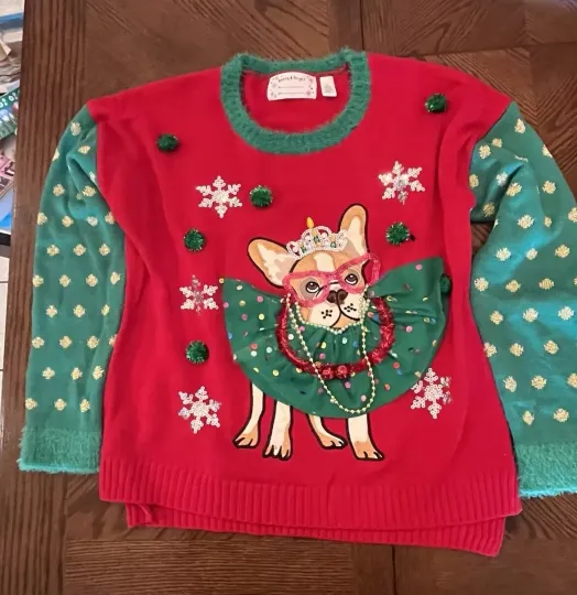 Discover Merry & Bright Women's Ugly Christmas Sweater French Bulldog Dressed Up X-Large