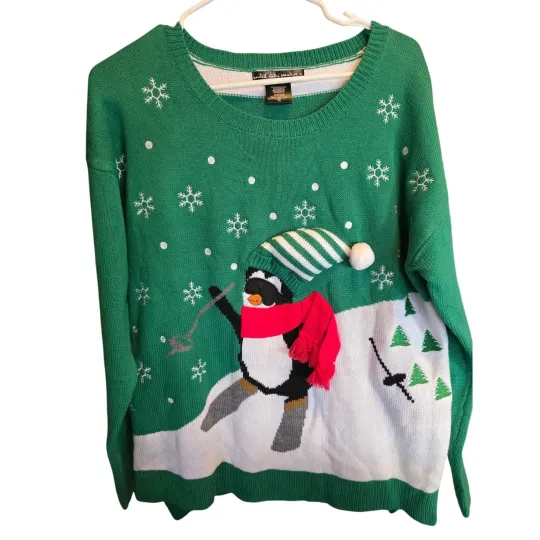 United States Ugly Christmas Sweater XL Womens Green Penguin Party Holiday