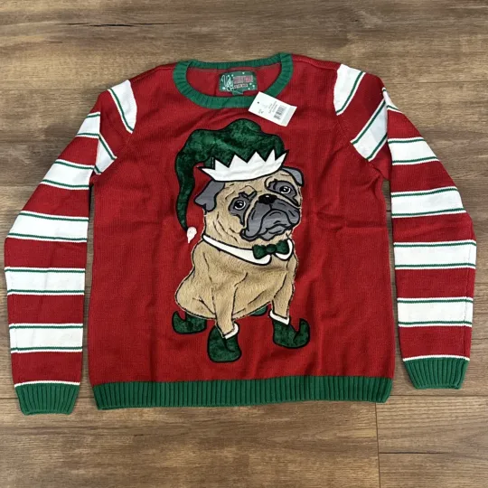 Discover Ugly Christmas Sweater Size Small Green Pug Dog Tunic Santa Red White Sleeve