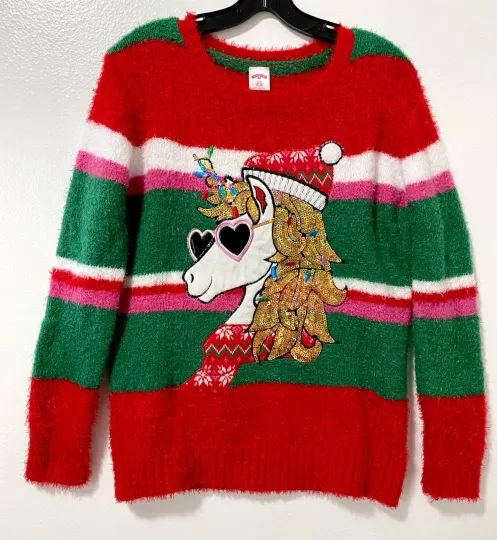 Discover Holiday Time Junior/Teen Sequined Unicorn Party Ugly Christmas Sweater L 10-12