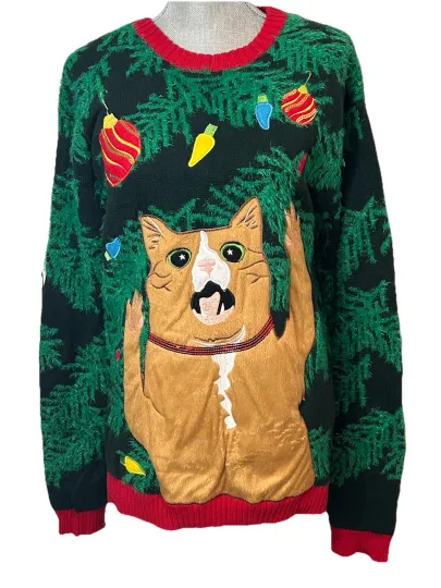33 Degrees Ugly Christmas Sweater  Cat Tangled In Tree Lights Women’s Med