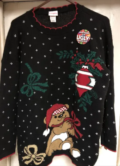 Discover HOLIDAY TIME Vintage 90’s Ugly Sparkly Christmas Sweater Sz L & Pinback Button
