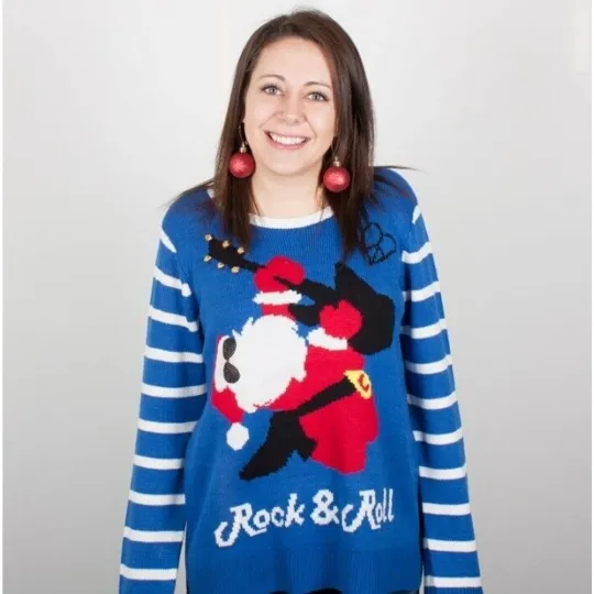 Discover Holiday Time Ugly Christmas Sweater Blue Rock & Roll Santa Size L