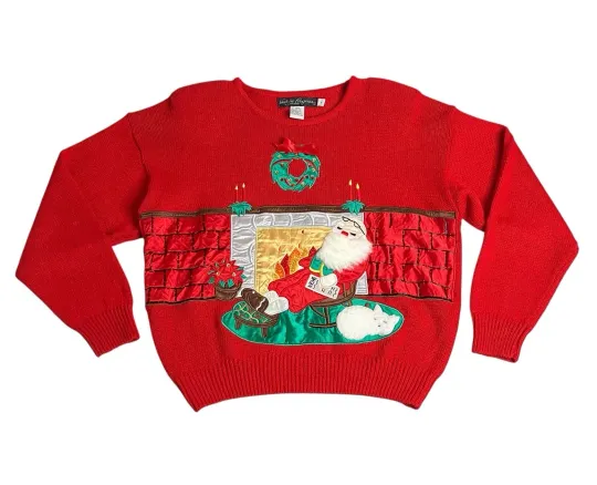 Vintage Work in Progress By Gladys Bagley Ugly Christmas Sweater Large Red Santa