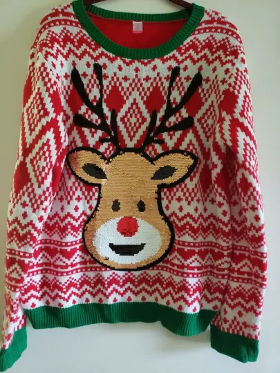 *WOMEN'S UGLY RED CHRISTMAS SWEATER PULLOVER CREW NECK 2X RUDOLPH 2 SIDED SEQUIN
