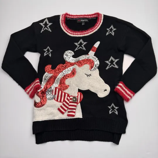 33 Degrees Sweater Womens XS Unicorn Sequin Jingle Bell Ugly Christmas Pullover