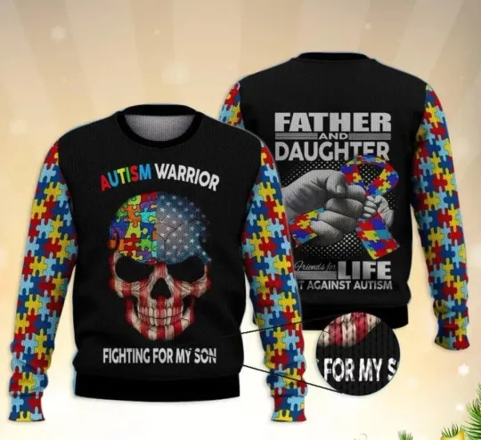 Discover Autism Warrior Father and Son Puzzle Pattern Ugly Sweater