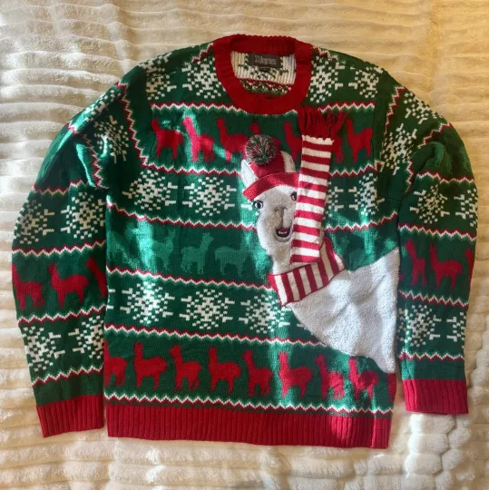 Discover 33 Degrees Ugly Christmas Sweater large Lama Knit Alpaca Holiday Green Nordic