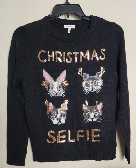Discover Excellent-Self Esteem Ugly Christmas Sweater Sz L women Black Dog Cat Sequins