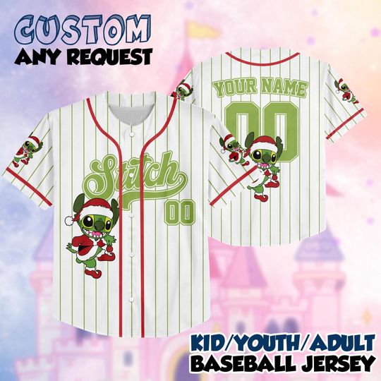 Discover Personalized Stitch Christmas Baseball Jersey, Custom Disney Holiday Shirt, Stitch Festive Outfit, Matching Family Tee