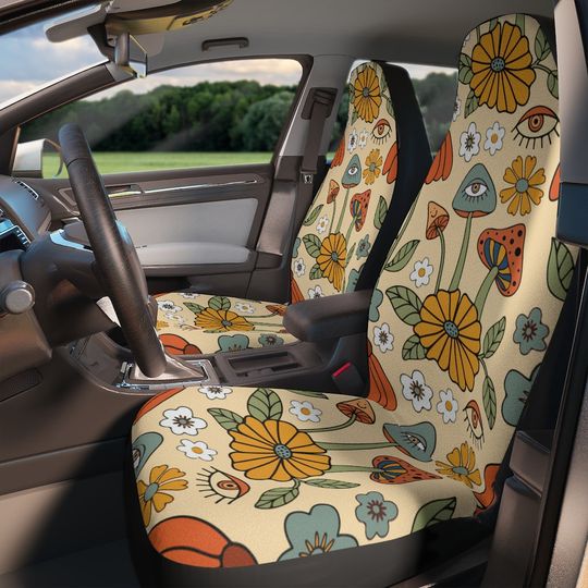 Discover Mushroom Floral Car Seat Cover for Women, Retro Boho Design, Colorful Vehicle Seat Cover with Evil Eyes