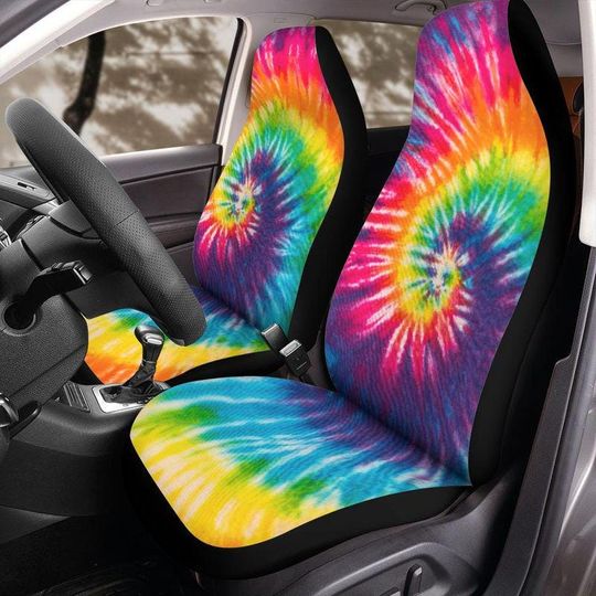 Discover Rainbow Tie-Dye Car Seat Covers for Jeep Wrangler and Broncos, Colorful Front Seat Protectors, Universal Fit