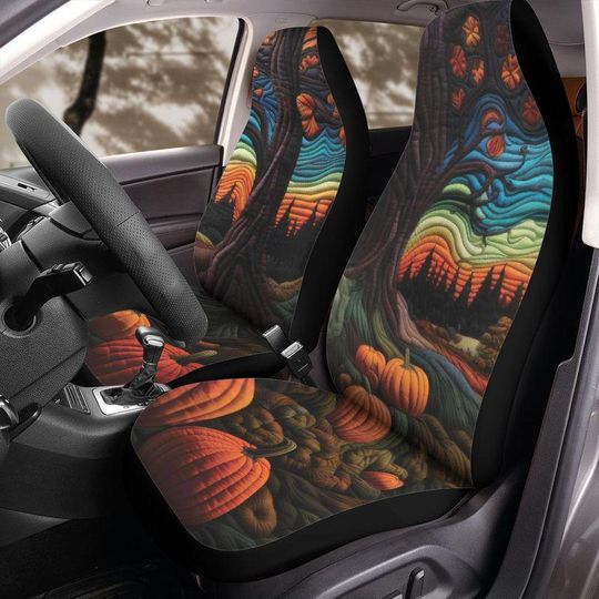 Discover Quilted Pumpkin Patch Halloween Car Seat Cover Sunset Forest Fall Universal Fit for Jeep and Bronco