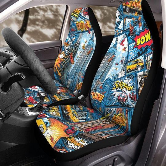 Discover Comic Book Panel Car Seat Cover for SUV Jeep Bronco Superhero Action Graphic Interior Protector