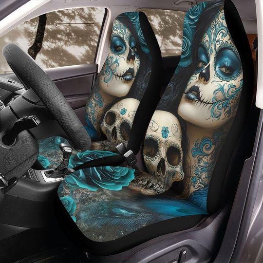 Turquoise Dia de los Muertos Seat Covers with Sugar Skull and Rose Design for Jeep Bronco SUV Car Interior Protector