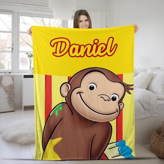 Personalized Curious George Blanket, Cute Monkey Blanket, Birthday Gifts Christmas Gifts