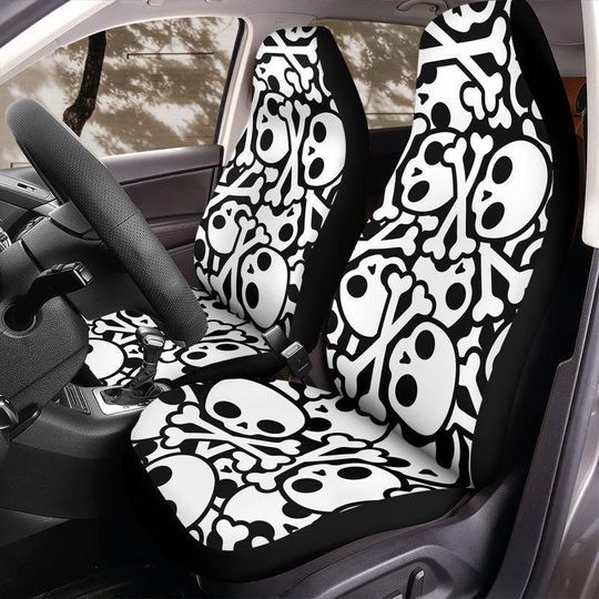 Discover Skull and Crossbones Seat Covers for Car Front Seats, Black and White Pirate Style, Universal Fit for Jeep Wrangler and Bronco